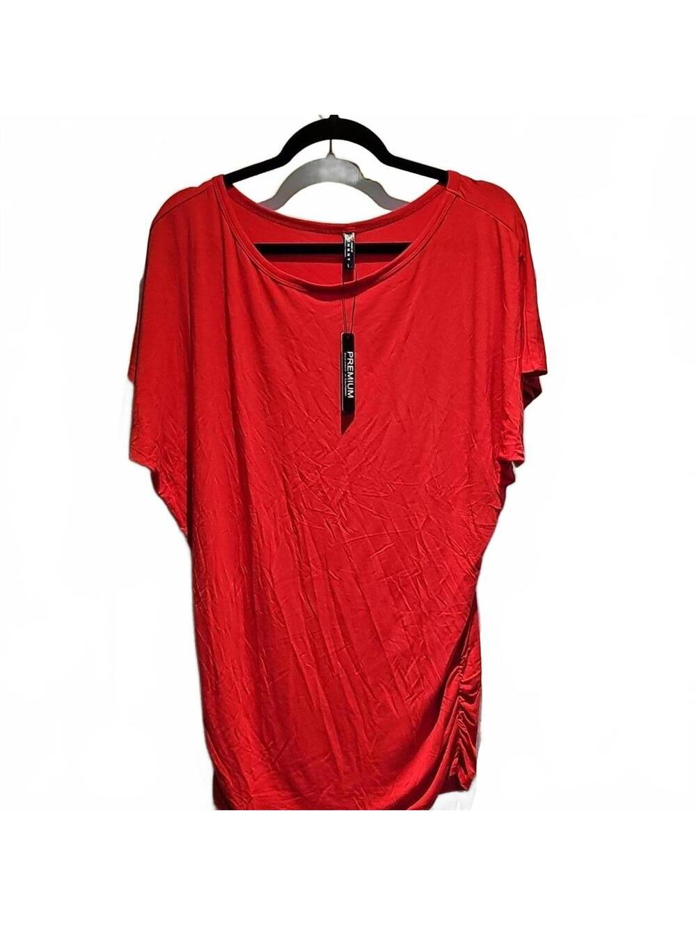 Made By Johnny Red Boat Neck Short Sleeves Ruched Sides Top Blouse Sz L NWT